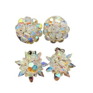 Vintage Clip On Aurora Borealis Crystal Earrings -set of two strong clips